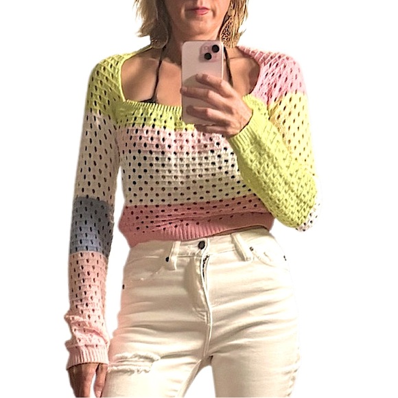 FOCUSNORM Colorblock Sweater Hollow Long Sleeve U-shaped Neck Knit Pullover - Picture 6 of 13